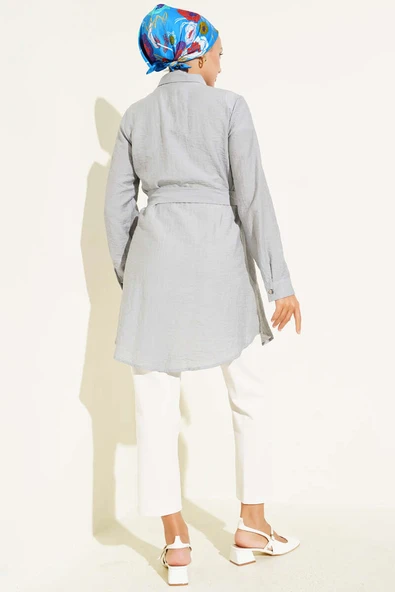 Çift Cepli Belden Bağlamalı Tunik Gri - Resim 3