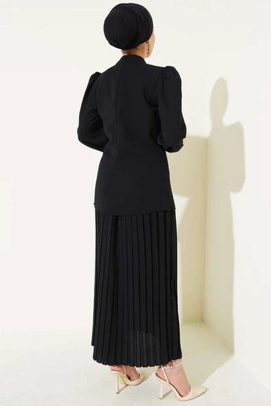 Yan Büzgülü Pileli Etekli İkili Takım Siyah - 3