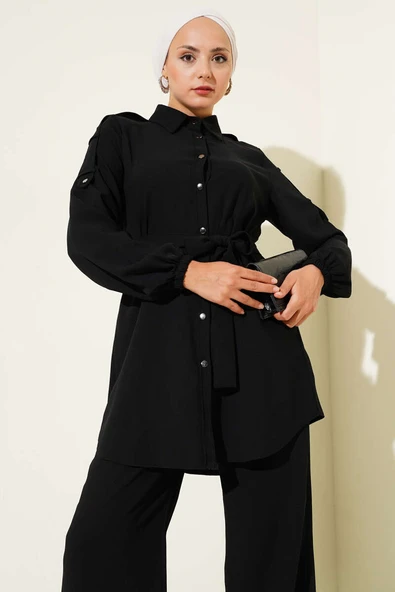 Belden Bağlamalı Omuz Düğmeli İkili Takım Siyah - Resim 2