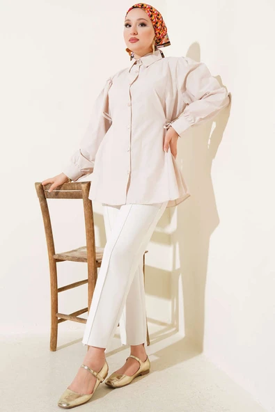 Yanları İp Bağcıklı Basic Gömlek Bej - Resim 2