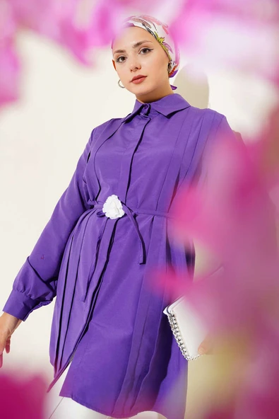 Önü Pensli İp Kuşaklı Tunik Mor ürün görseli 1