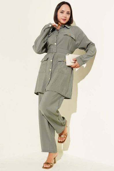 Metal Düğmeli Kemerli İkili Takım Çağla Yeşili ürün görseli 1