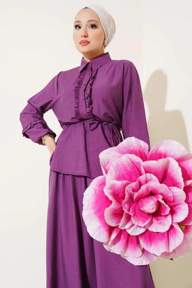 Yaka Fırfır Detaylı Etekli İkili Takım Mor - Resim 2