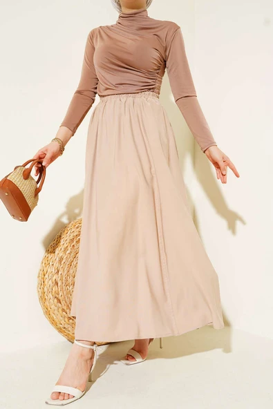 Kloş Bel Lastikli Cepli Tencel Etek Latte ürün görseli 1