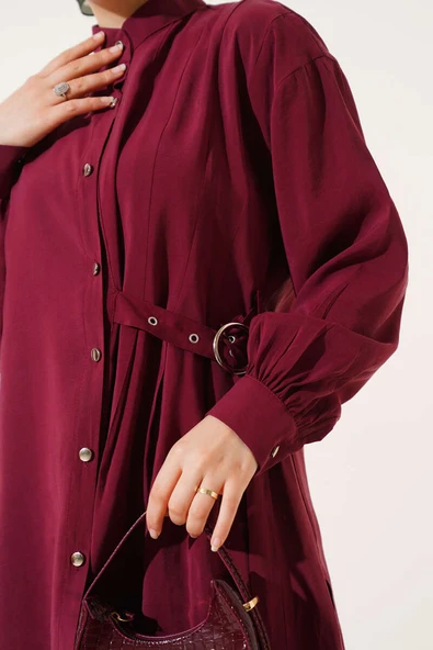 Yan Kemerli Düğmeli İkili Takım Bordo - Resim 4