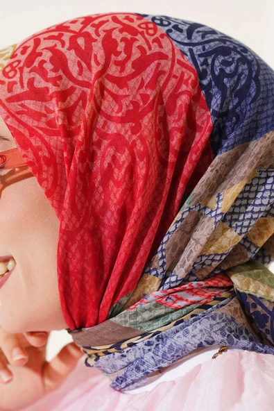 Çiçekli Karışık Desenli Eşarp Gül Kurusu - Resim 4