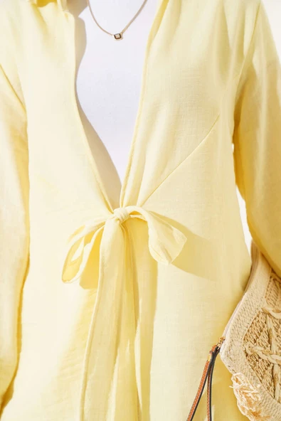 Önü Bağlama Detaylı Keten Kimono Sarı - Resim 4