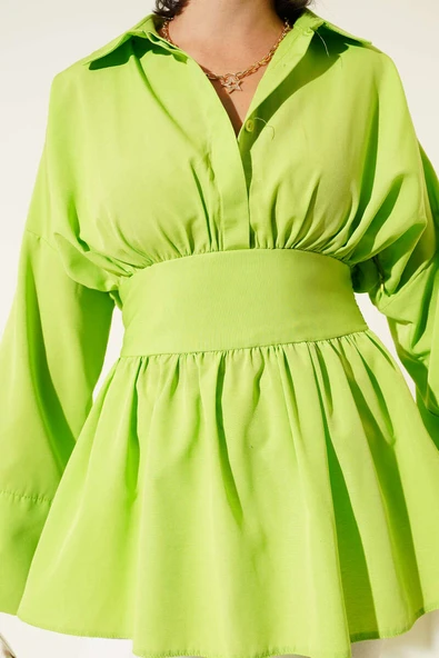Kendinden Kuşaklı Önü Büzgülü Tunik Yeşil - Resim 4