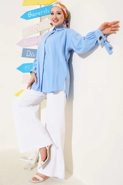 Kuş Gözü Detaylı Balon Kol Gömlek Mavi - Resim 2