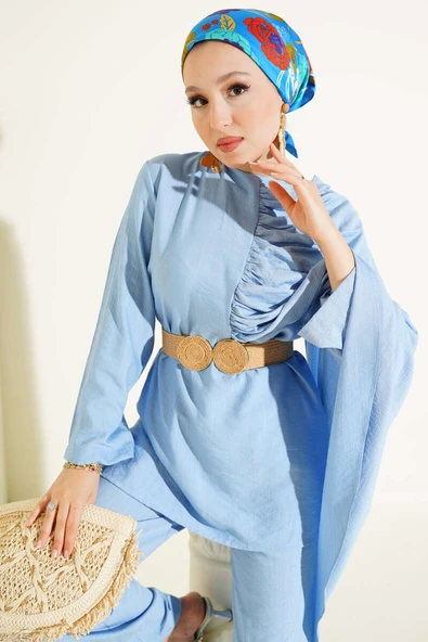 Büzgülü Omuz Pelerinli İkili Takım Mavi ürün görseli 1