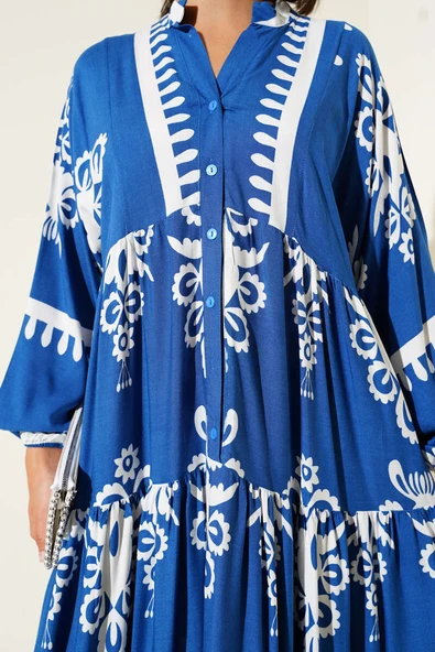 Desenli Yarı Patlı Önü Düğmeli Elbise Indıgo - Resim 4