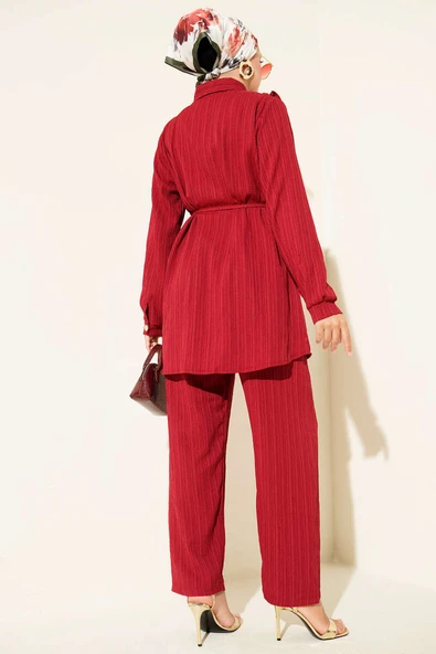 Gold Düğmeli V Fırfırlı İkili Takım Bordo - Resim 3