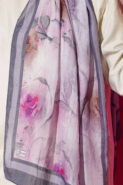 Flower Desen Bambu Kraş Şal Füme - Resim 4