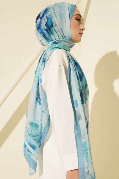 Çiçekli Şerit Geçiş Detaylı Şal Bebe Mavi - Resim 3