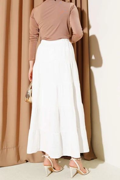 Bel Lastikli Kat Kloş Etek Ekru - Resim 3