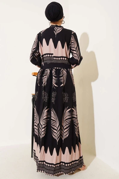 Yaprak Desenli Kuşaklı Elbise Siyah Bej - Resim 3