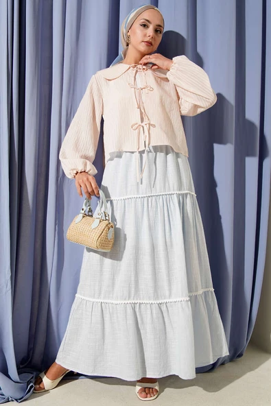 Bebe Yaka Bağlamalı Bluz Bej - Resim 2