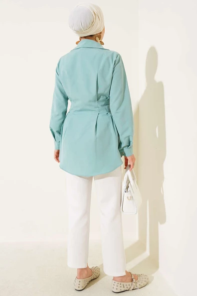 İnci Detaylı Belden Pileli Gömlek Mınt - Resim 3