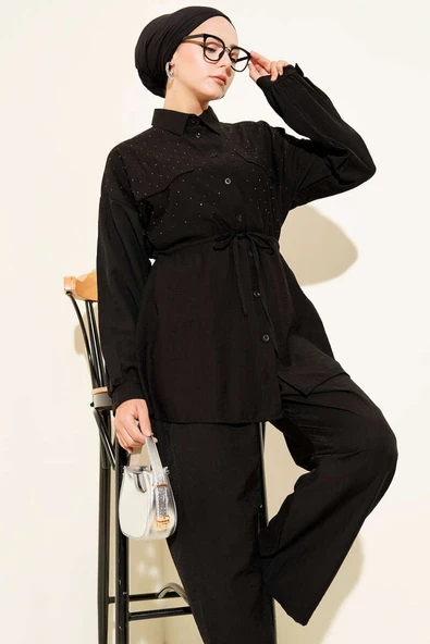 Serpme Taş Detaylı İkili Takım Siyah - Resim 2