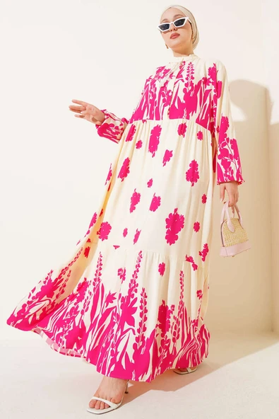 Yaka Bağcıklı Desenli Elbise Fusya ürün görseli 1