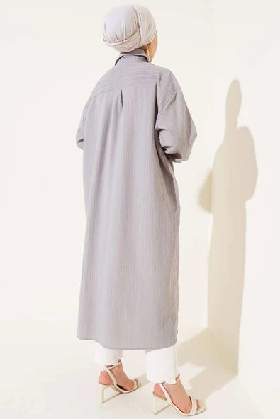 Boydan Düğmeli Uzun Tunik Gri - Resim 3