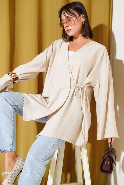 İp Bağlamalı Kimono Bej ürün görseli 1