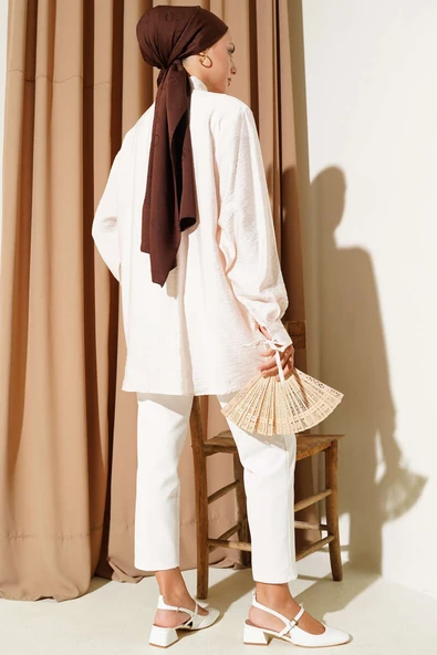 İp Bağcıklı Oversize Gömlek Bej - Resim 3