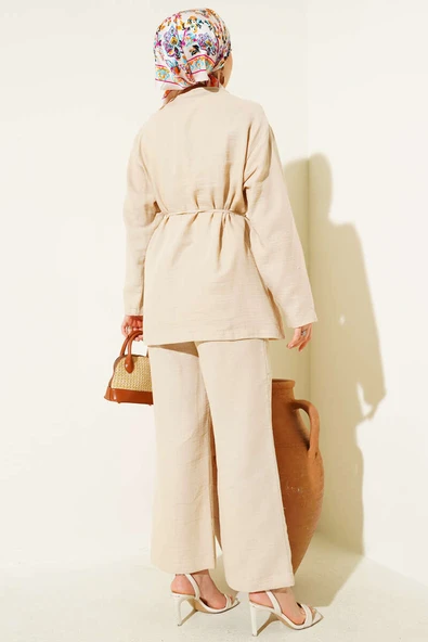 Brit Düğme Kaplamalı İkili Takım Bej - Resim 3