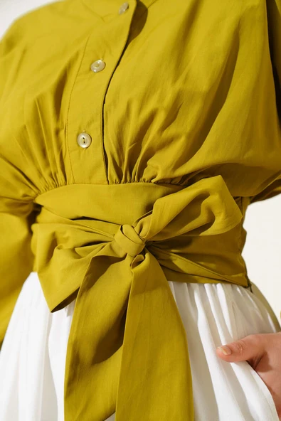 Yarım Düğmeli Bağlamalı Kısa Gömlek Yağ Yeşili - Resim 4