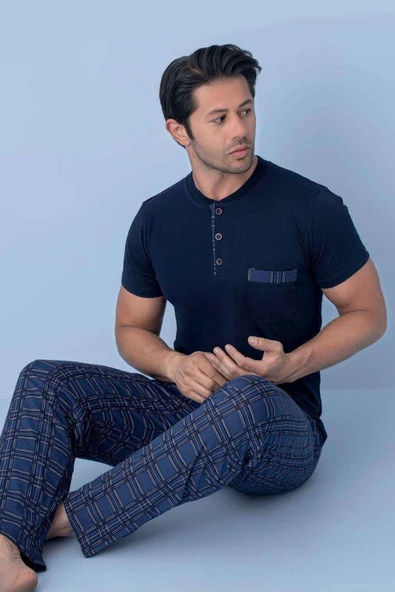 Göğüs Cep Detaylı Kısa Kol Erkek Pijama Lacivert ürün görseli 1