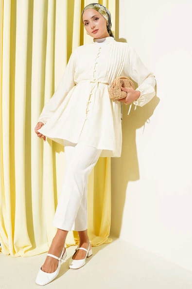 Önü Pileli Düğmeli Gömlek Sarı - Resim 2