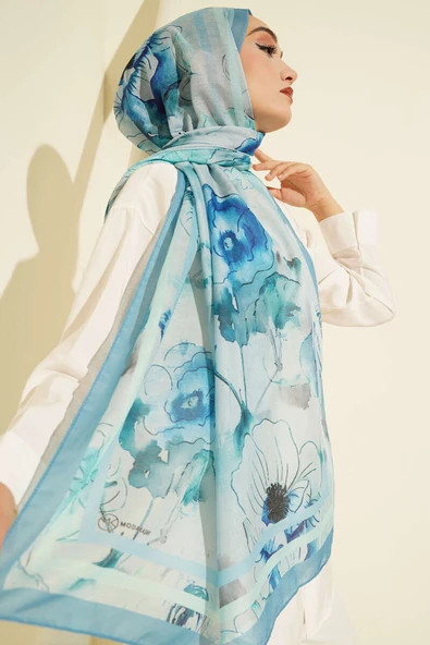 Çiçekli Şerit Geçiş Detaylı Şal Bebe Mavi - Resim 2