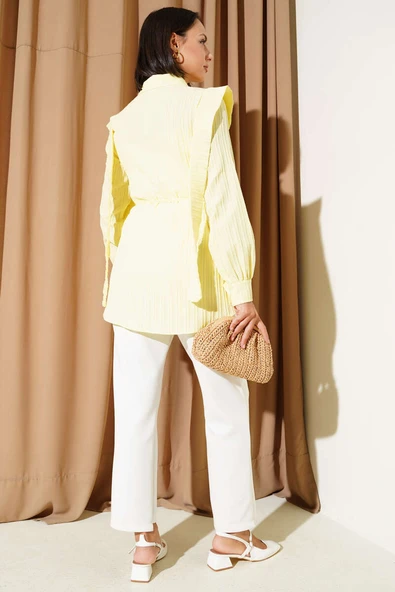 Omuz Pelerinli İp Kuşaklı Gömlek Sarı - Resim 3
