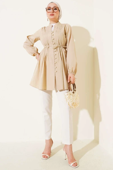 Brit Düğmeli Nervürlü Tunik Latte - Resim 2