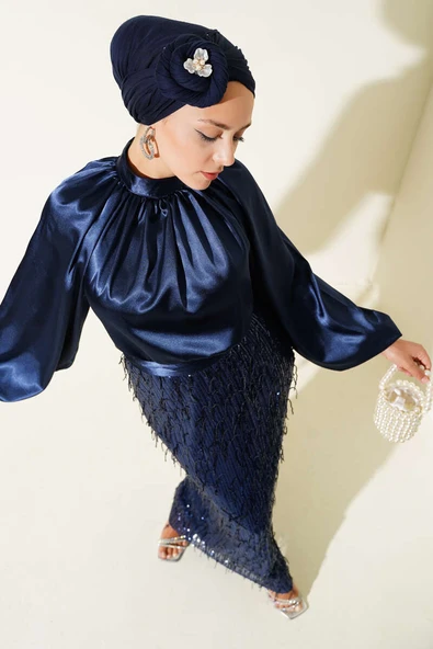 Kuşaklı Pul Payetli Abiye Elbise Lacivert - Resim 2