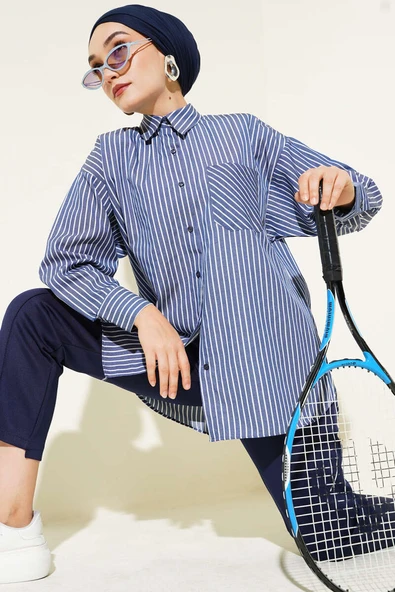 Salaş İnce Çizgili Gömlek Lacivert ürün görseli 1