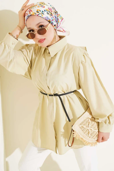 Omuz Pileli Kemerli Gömlek Lime ürün görseli 1