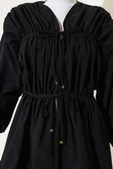 Büzgülü Önden Bağlamalı Kimono Siyah - Resim 4