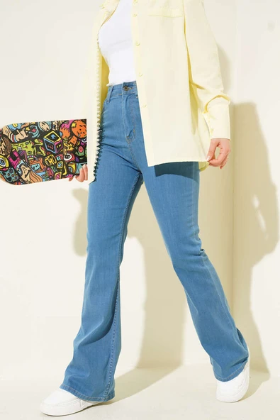 Dikişli İspanyol Paça Kot Pantolon Açık Mavi - Resim 2