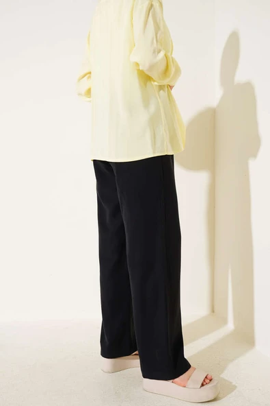 Bel Lastikli Tencel Pantolon Siyah - Resim 3