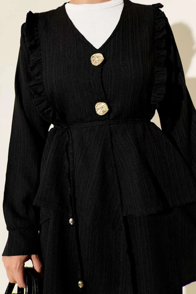 Metal Düğmeli Krinkıl İkili Takım Siyah - Resim 4