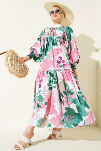 Önü İp Bağcıklı Desenli Elbise Yeşil ürün görseli 1