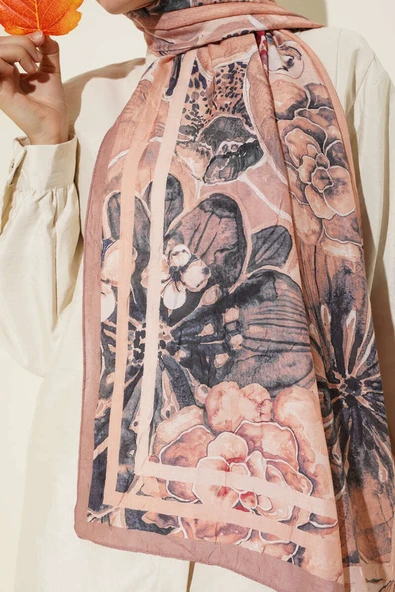 Şerit Geçişli Otantik Desenli Şal Somon - Resim 4