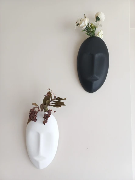 Dekoratif 2'li Yüz Duvar Vazosu, Duvar Süsü ,Heykel Aksesuar Siyah Beyaz maske - Resim 3