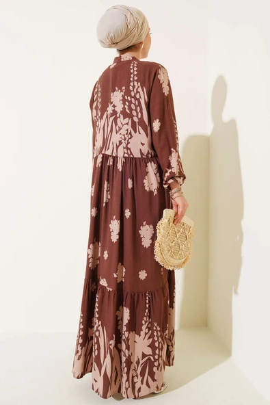 Yaka Bağcıklı Desenli Elbise Kahve - Resim 3