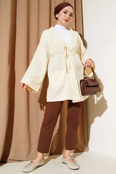 Müslin Belden Bağlamalı Kimono Krem - Resim 2
