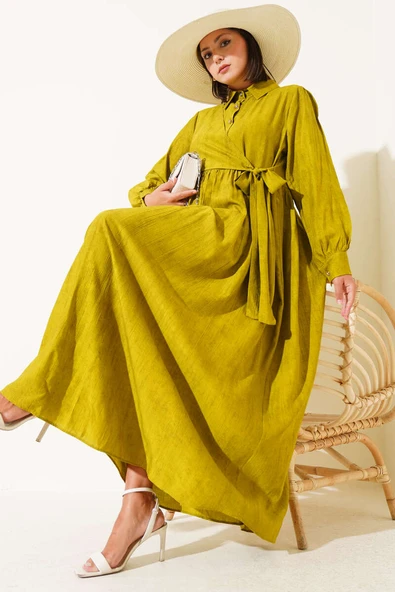 Gömlek Yaka Yandan Bağlamalı Elbise Yağ Yeşili ürün görseli 1