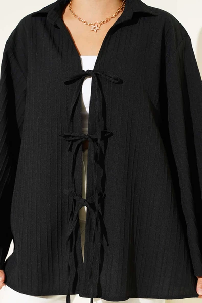 Çizgi Kabartmalı Önden Bağlamalı Kimono Siyah - Resim 4