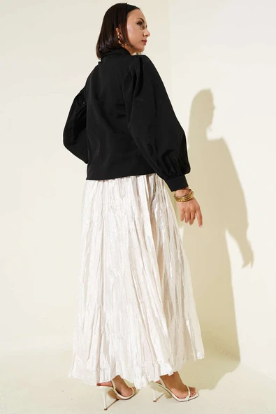 Omuz Pileli Balon Kol Kısa Gömlek Siyah - Resim 3