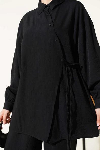 Çapraz Düğmeli Bağlamalı Tunik İkili Takım Siyah - Resim 4